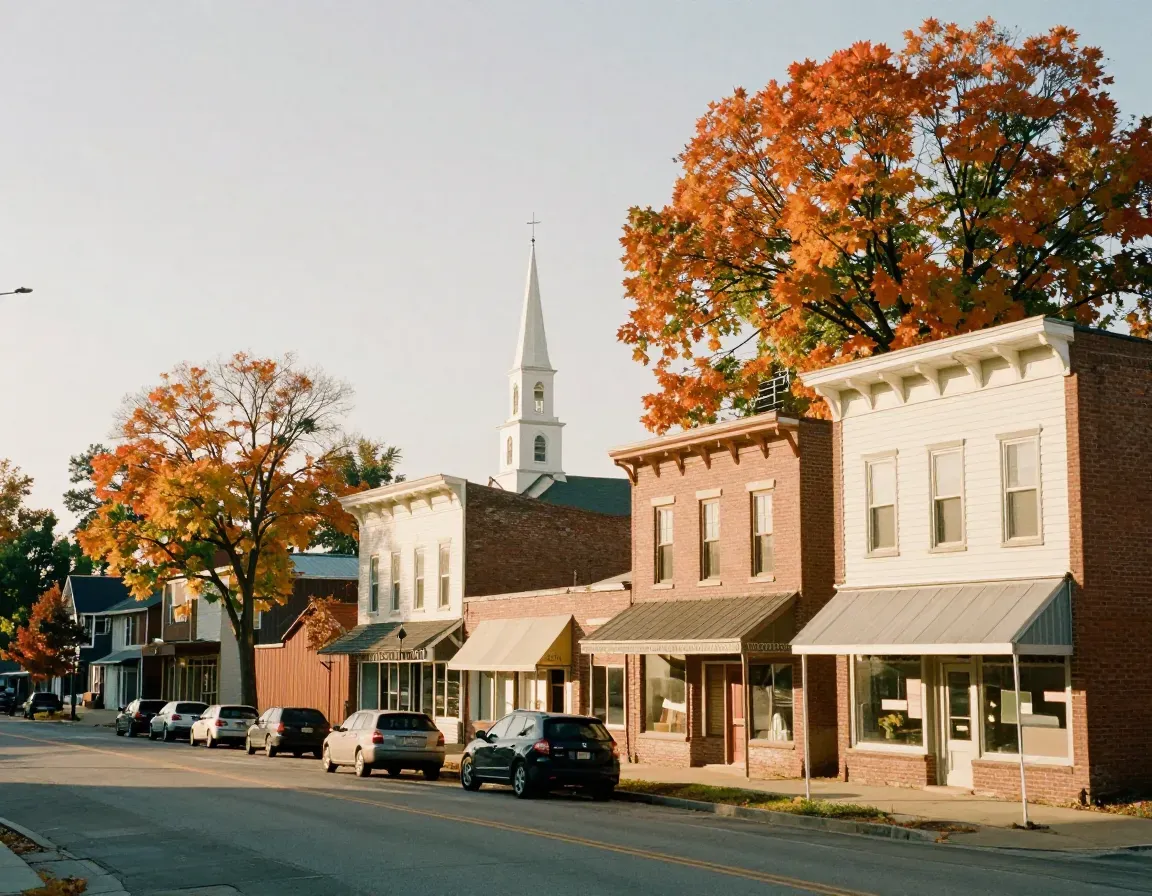 A small-town Ohio main street in autumn, brick storefronts and maple trees in full colour